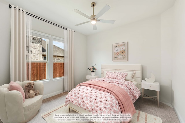 carpeted bedroom with ceiling fan