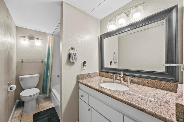 full bathroom with vanity, toilet, tile patterned floors, and shower / tub combo with curtain