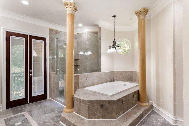 bathroom with shower with separate bathtub, decorative columns, french doors, and tile floors