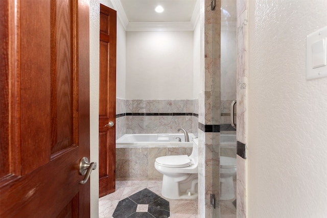 bathroom featuring separate shower and tub, ornamental molding, toilet, and tile floors