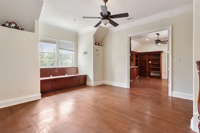 unfurnished room with ornamental molding, ceiling fan, and dark hardwood / wood-style flooring