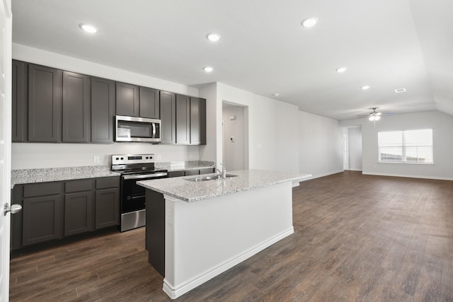 kitchen featuring appliances with stainless steel finishes, sink, dark wood-type flooring, light stone counters, and a center island with sink