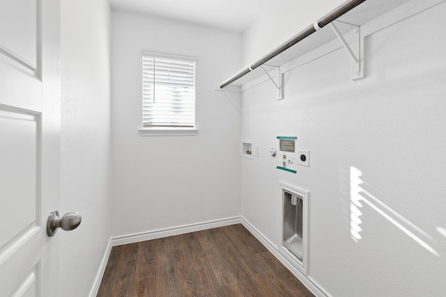 clothes washing area with gas dryer hookup, hookup for a washing machine, hookup for an electric dryer, and dark hardwood / wood-style floors