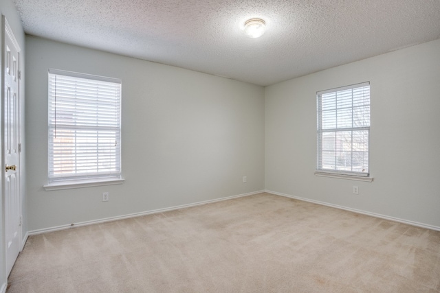 unfurnished room with a healthy amount of sunlight, a textured ceiling, and light colored carpet