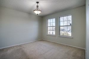 carpeted empty room featuring plenty of natural light and a textured ceiling