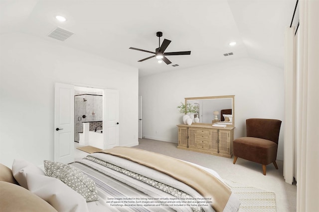 bedroom with ceiling fan, light carpet, and vaulted ceiling