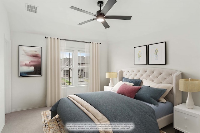 bedroom with ceiling fan and carpet