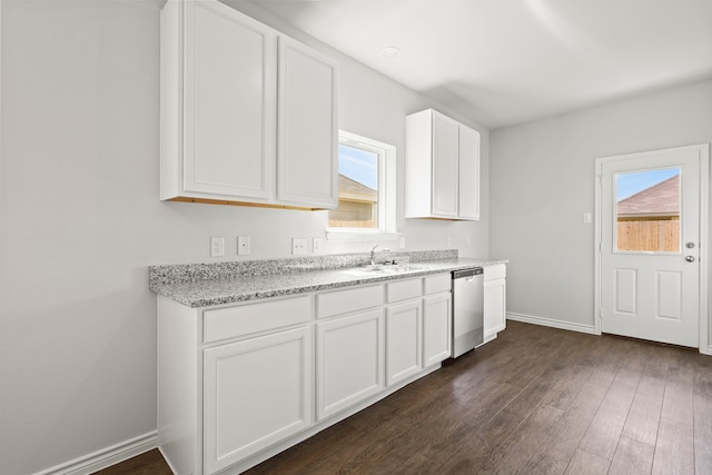 kitchen featuring dark hardwood / wood-style flooring, plenty of natural light, white cabinets, and stainless steel dishwasher