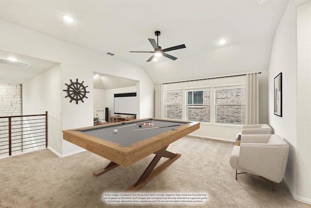 rec room with carpet, ceiling fan, pool table, and vaulted ceiling