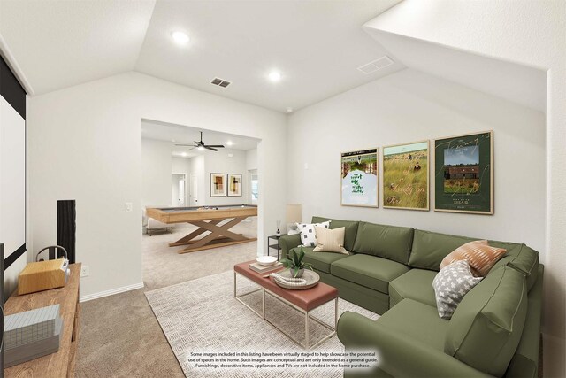 living room featuring ceiling fan, carpet, and lofted ceiling