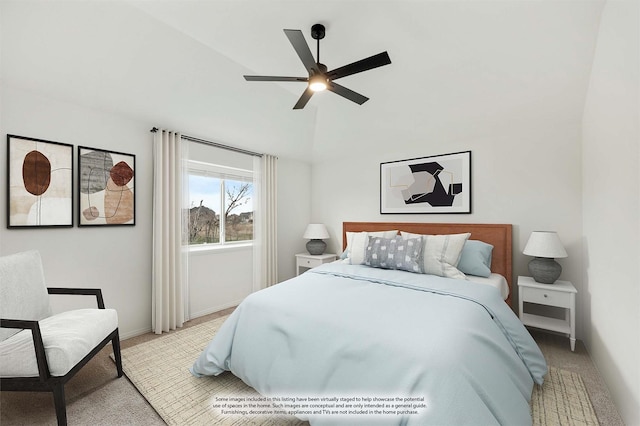 bedroom featuring light carpet, lofted ceiling, and ceiling fan