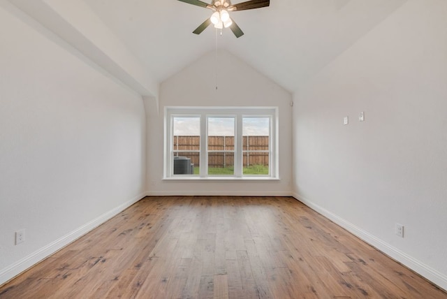 unfurnished room featuring ceiling fan, light hardwood / wood-style flooring, and lofted ceiling