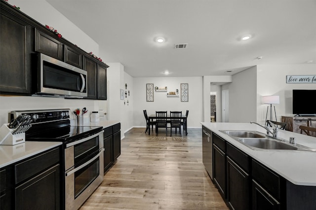 kitchen with a center island with sink, sink, light wood-type flooring, and stainless steel appliances