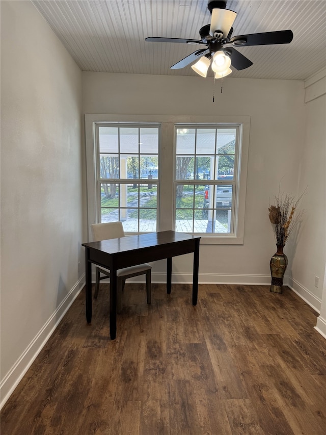 unfurnished office featuring dark hardwood / wood-style floors, wooden ceiling, and ceiling fan