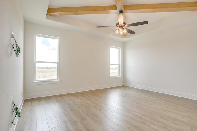 unfurnished room with light wood-type flooring, ceiling fan, and beam ceiling