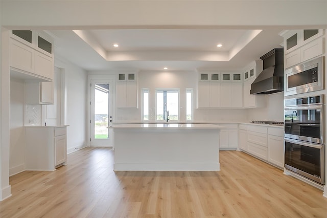 kitchen featuring a raised ceiling, custom range hood, a center island, stainless steel appliances, and white cabinetry