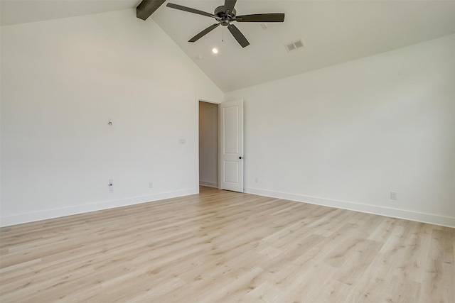 empty room featuring high vaulted ceiling, light hardwood / wood-style flooring, beam ceiling, and ceiling fan