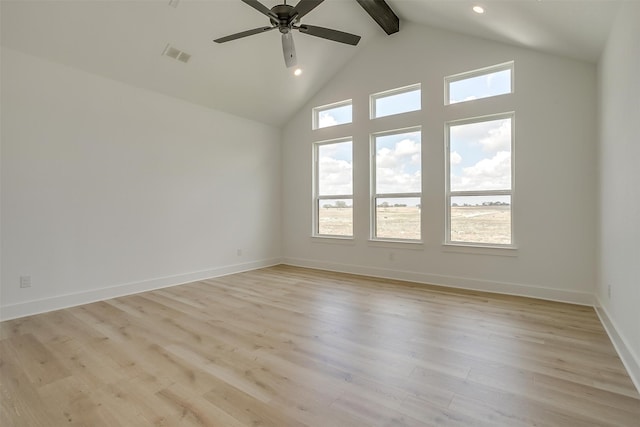 empty room featuring ceiling fan, high vaulted ceiling, beam ceiling, and light hardwood / wood-style floors