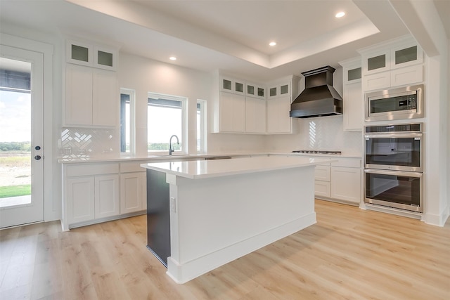 kitchen featuring a wealth of natural light, custom range hood, stainless steel appliances, and white cabinetry