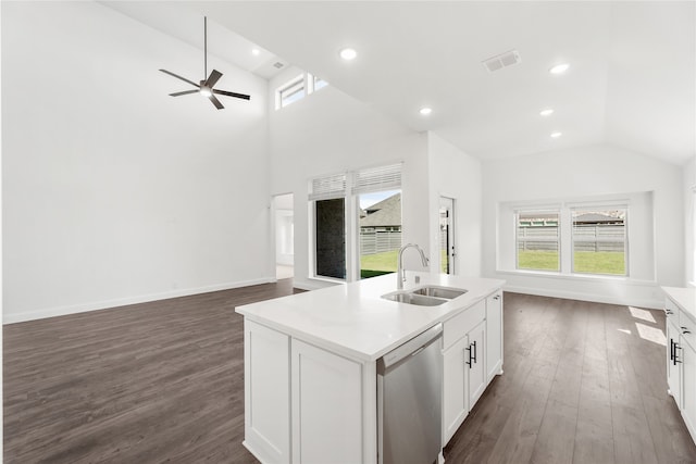 kitchen featuring a kitchen island with sink, dark wood-type flooring, sink, stainless steel dishwasher, and white cabinets