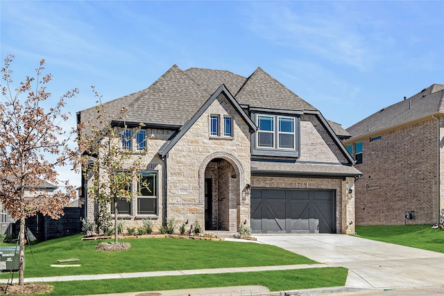 view of front of home with a front yard and a garage