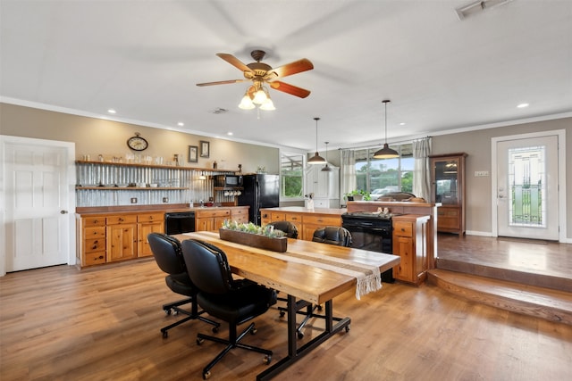 interior space with ceiling fan, light hardwood / wood-style flooring, sink, and ornamental molding