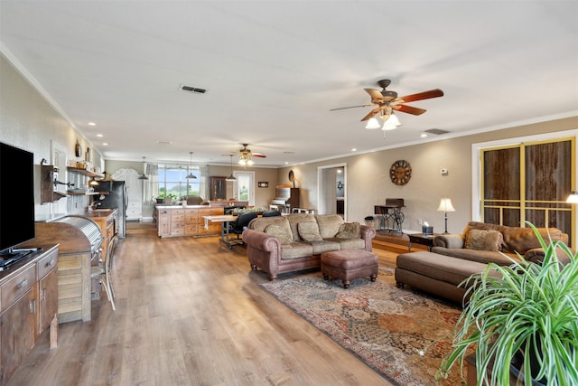 living room featuring ceiling fan, ornamental molding, and light wood-type flooring