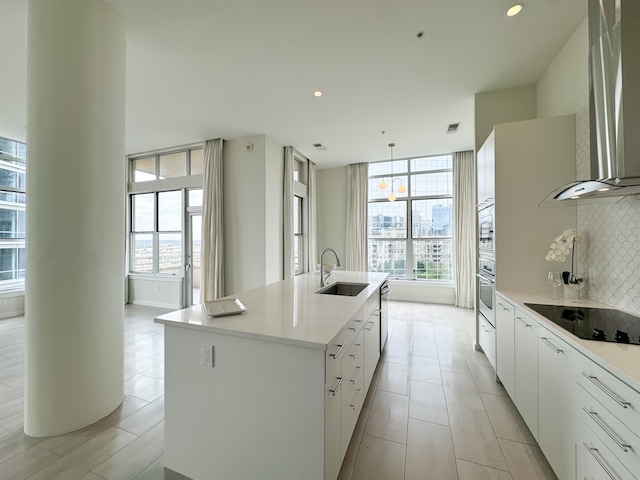 kitchen with tasteful backsplash, an island with sink, wall chimney exhaust hood, sink, and appliances with stainless steel finishes