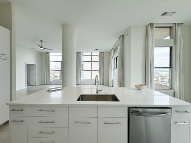 kitchen with sink, white cabinets, dishwasher, and ceiling fan