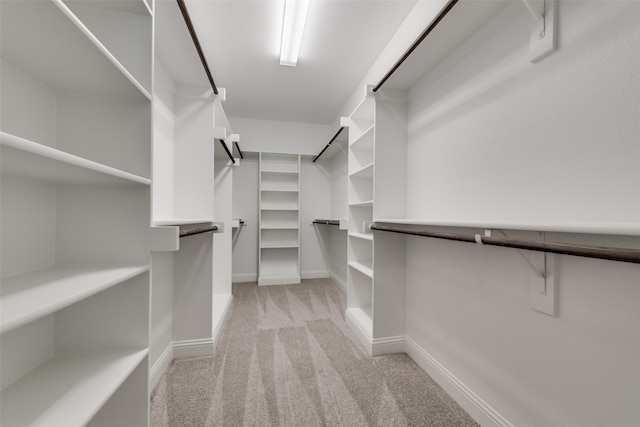 walk in closet with light carpet