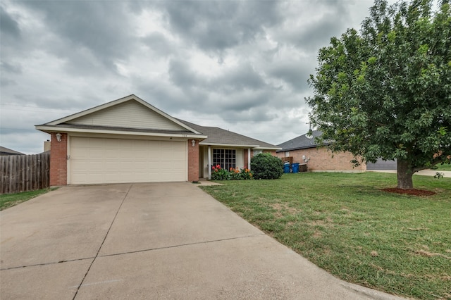 ranch-style house with a garage and a front yard