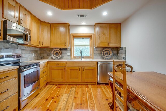 kitchen with sink, tasteful backsplash, light wood-type flooring, and stainless steel appliances