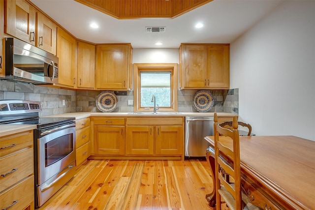 kitchen with stainless steel appliances, tasteful backsplash, sink, and light hardwood / wood-style floors