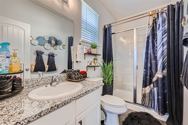 bathroom featuring a shower with shower door, vanity with extensive cabinet space, and toilet