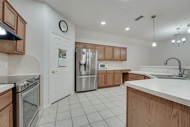 kitchen featuring appliances with stainless steel finishes, decorative light fixtures, backsplash, sink, and light tile floors