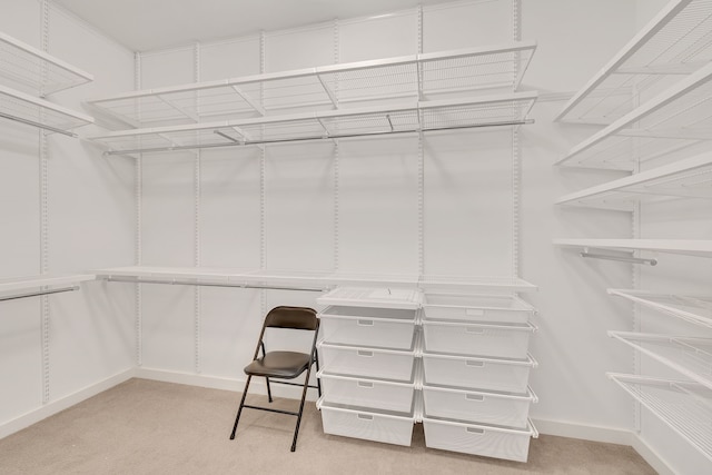 walk in closet featuring light carpet