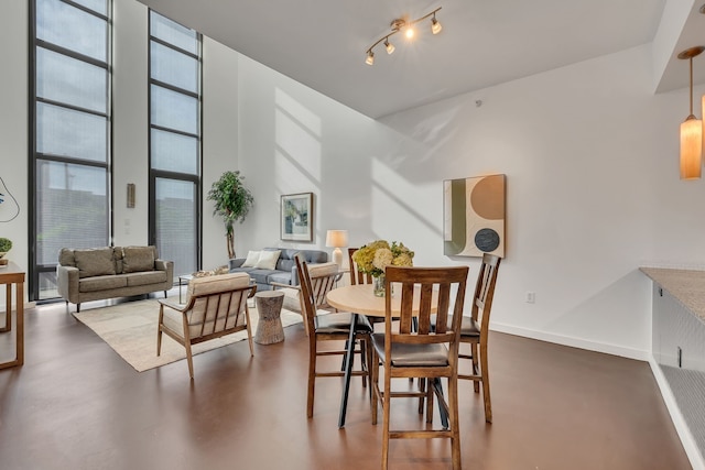 dining space with a wall of windows, rail lighting, finished concrete flooring, and baseboards