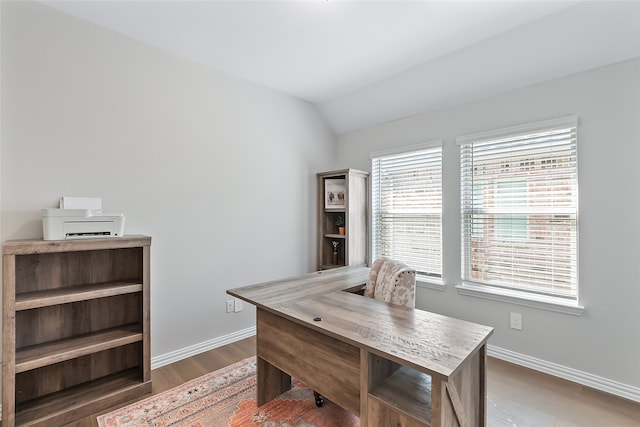 office featuring dark hardwood / wood-style floors, a wealth of natural light, and vaulted ceiling