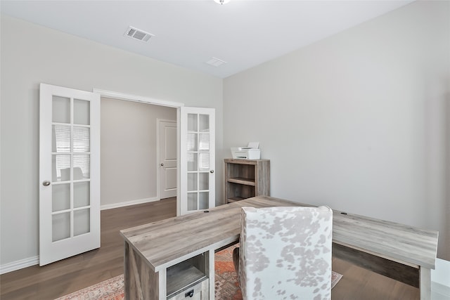 office space featuring french doors and wood-type flooring