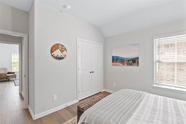 bedroom with hardwood / wood-style flooring, vaulted ceiling, and a closet