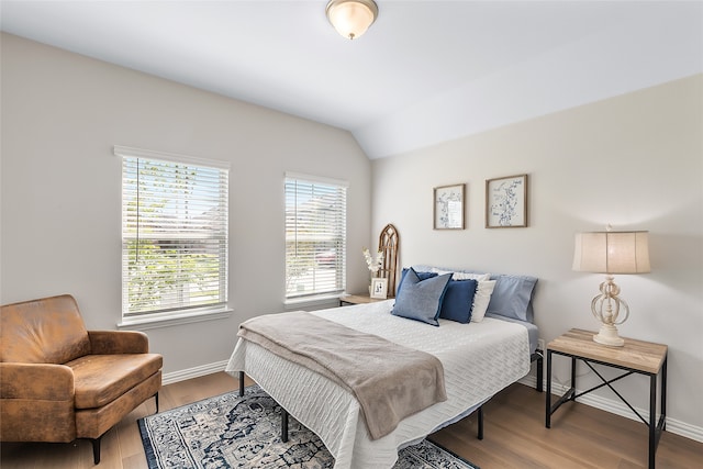 bedroom featuring wood-type flooring and lofted ceiling