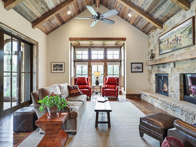 living room featuring a fireplace, beamed ceiling, high vaulted ceiling, and dark wood-type flooring