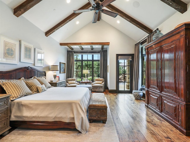 bedroom with beam ceiling, access to exterior, ceiling fan, high vaulted ceiling, and light hardwood / wood-style floors