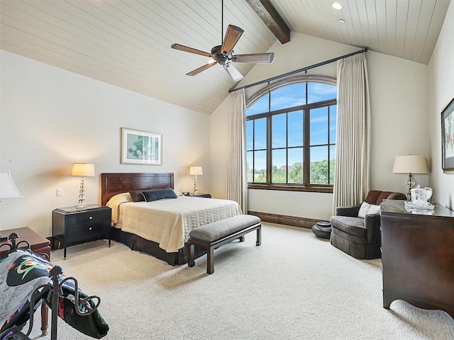 bedroom featuring ceiling fan, carpet floors, and lofted ceiling with beams