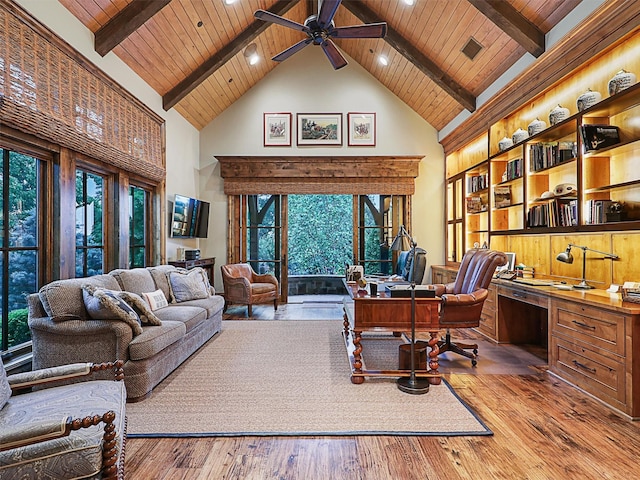 office space featuring beamed ceiling, wooden ceiling, hardwood / wood-style floors, and high vaulted ceiling