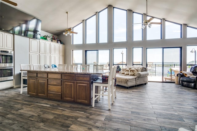 kitchen featuring dark hardwood / wood-style floors, ceiling fan, and double oven