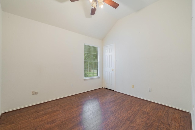 unfurnished room featuring dark hardwood / wood-style flooring, ceiling fan, and lofted ceiling