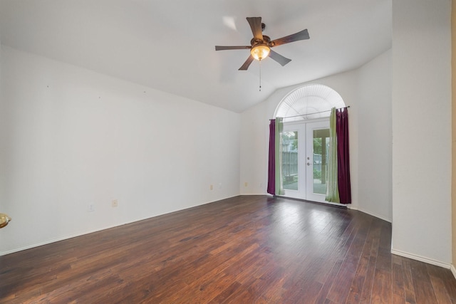 unfurnished room with ceiling fan, french doors, dark hardwood / wood-style floors, and vaulted ceiling