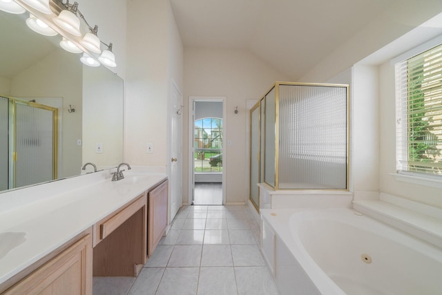 bathroom featuring plus walk in shower, vanity, a healthy amount of sunlight, and lofted ceiling