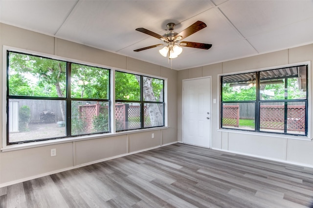 empty room with hardwood / wood-style floors, plenty of natural light, and ceiling fan